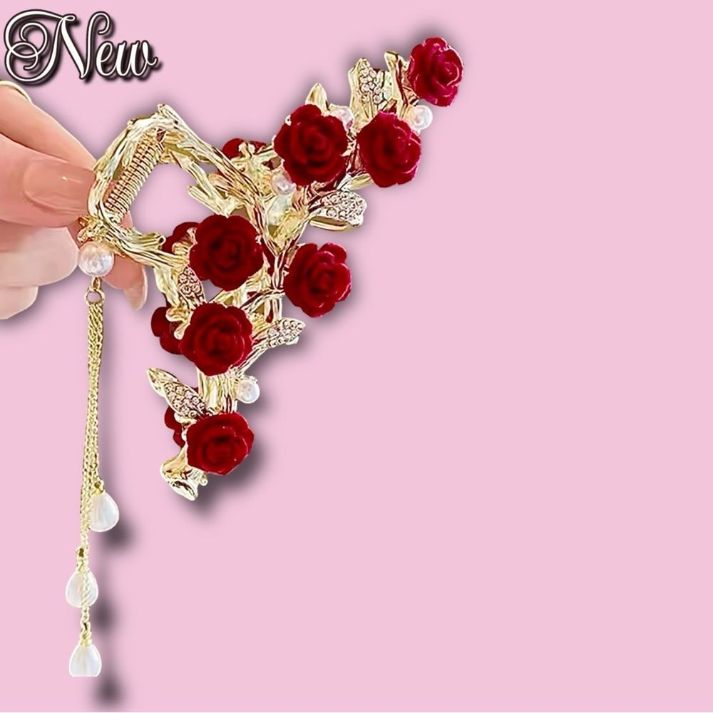 New Gold Rose Vine Hair Clip with Pearls & Rhinestone Leaves